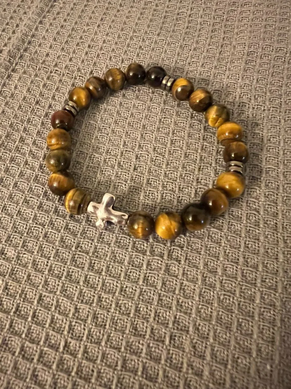 Designs by Forte Unisex Tiger's Eye & Silver Cross Stretch Bracelet